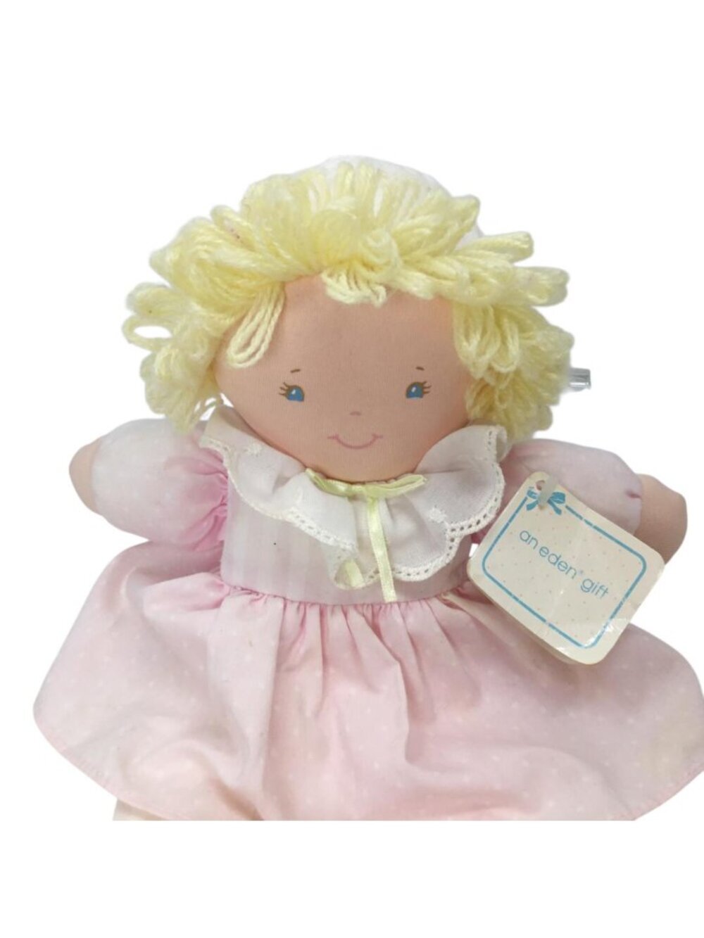 Vintage Eden Baby Doll Blonde Yarn Stuffed NWT Pink Polka Dot Striped Dress 11"